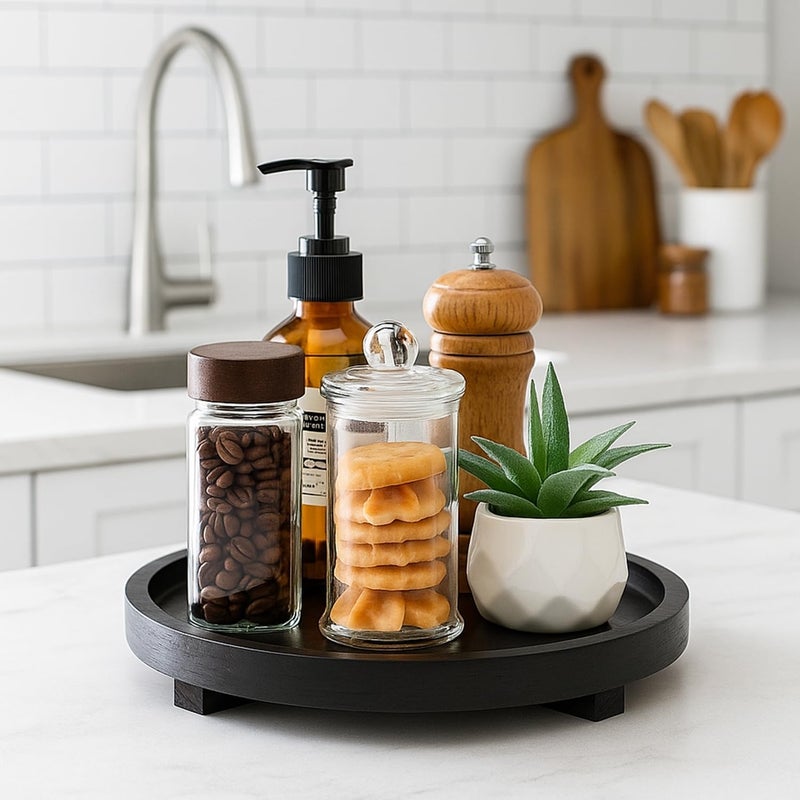 Renawe Black Decorative Wooden Tray for Kitchen Counter Bathroom Accessories Sink Vanity Trays Wood Riser Candle Pedestal Stand for Perfume Soap Trays Round Dining Coffee Table Small Rustic Home Decor Tray - Image 4
